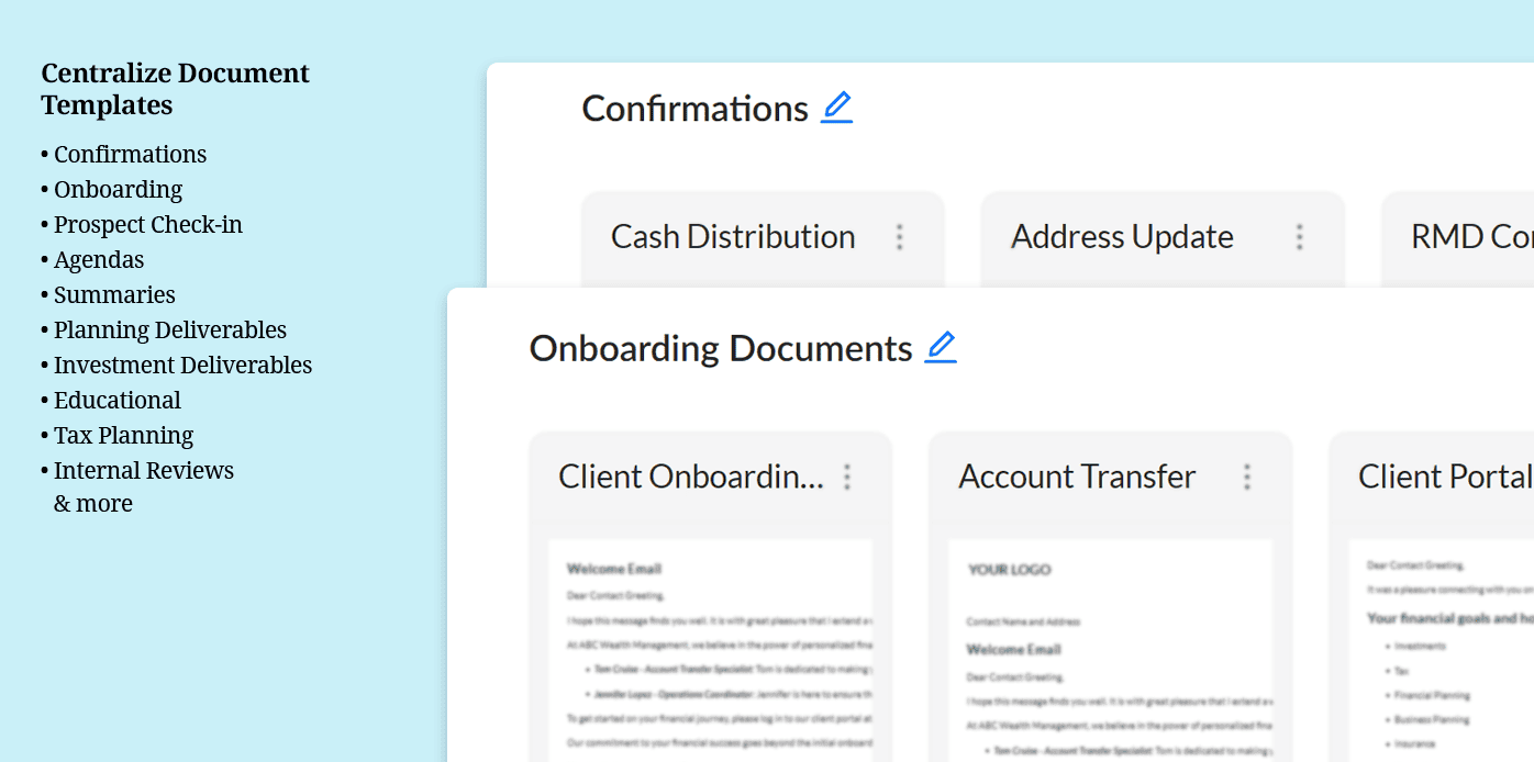 Say bye to fragmented templates. Centralize your templates for quick access by your financial advisory team using Pulse360 Documents