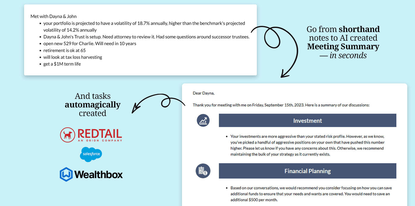 Financial advisors, take your shorthand notes and convert it to meeting summary and CRM tasks in Redtail, Wealthbox and Salesforce with NoteGenius AI