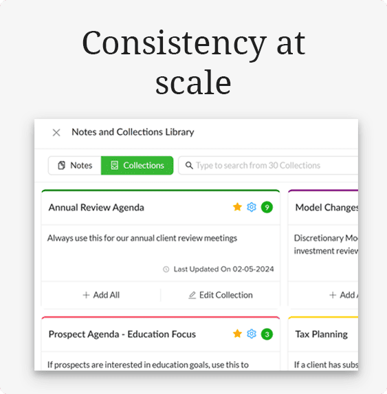 Financial Advisors, use our library and collections to achieve consistent client communication at scale